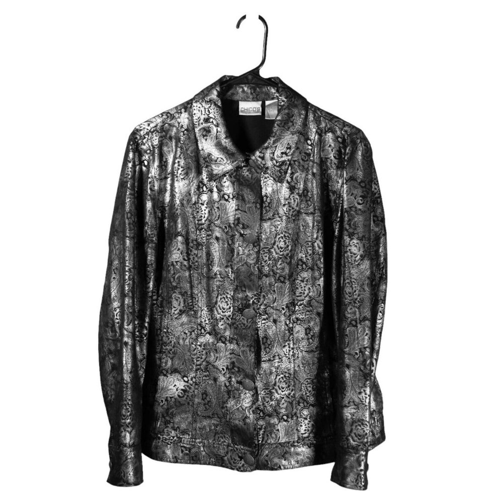 Chico's Womens Jacket Silver Black Paisley Floral Metallic Long Sleeve 2 US L/12